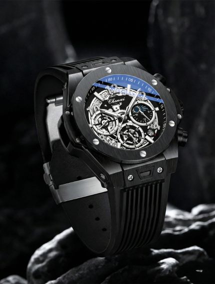 Men's Premium Black Skeleton Mechanical Watch with Silicone Strap